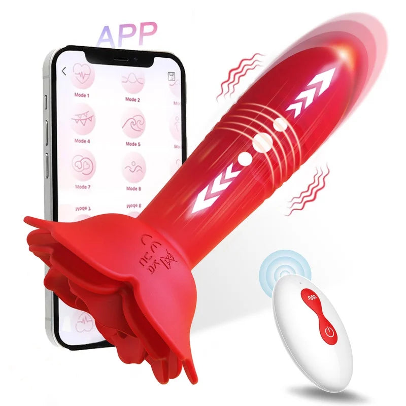 Remote Control Thrusting Rose Vibrator APP Wearable Female Sex Toys Bluetooth G Spot Stimulator with 9 Telescopic & 9 Vibrating Modes Waterproof Adult Toy for Women Men Couples